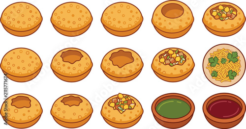 Konstfotografi Indian Panipuri Street Food Vector Illustration Set with Hollow Puri Shells Pota