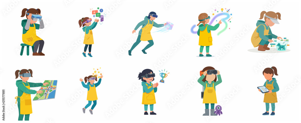 Fototapeta premium Set of children using virtual and augmented reality technology for education and entertainment, kids wearing VR headsets interacting with digital 3D elements, flat vector illustration