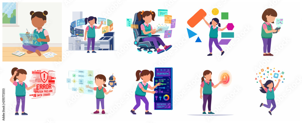 Fototapeta premium Young girl character set interacting with futuristic technology, coding interfaces, robotics, and data visualization for STEM education