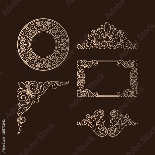 Gold ornate vintage frame and border collection on dark brown background, decorative vector elements for luxury design and packaging