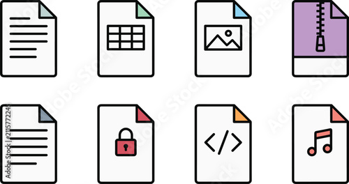 Fotografie File Extension and Document Formats Vector Icon Set Featuring Text Spreadsheet I