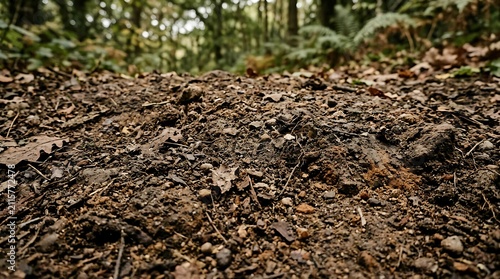 Brown forest floor with leaves and twigs.