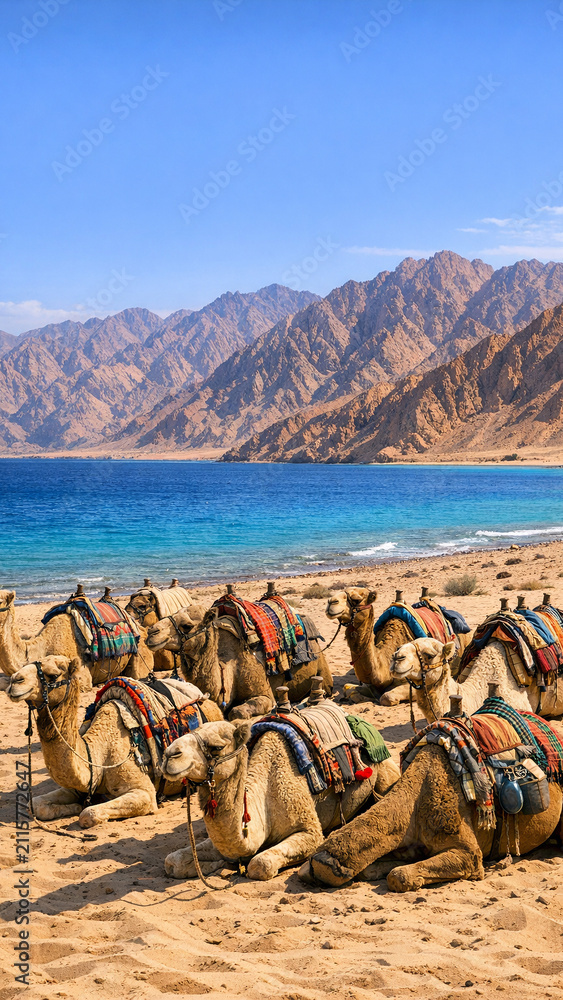 Fototapeta premium Camels resting on a sandy beach in the desert. Mountains are visible in the background.