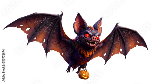 Spooky Halloween bat illustration, cartoon vampire bat with glowing red eyes, flying creature for spooky designs, scary animal for festive holiday graphics, dark fantasy character with a pumpkin.