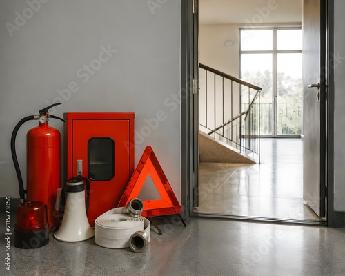 Fire evacuation essentials beside doorway showcasing emergency exit planning and safety preparedness solutions