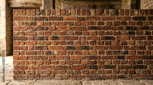 Red Brick Wall in Construction Site with Wooden Support Beams and Natural Lighting