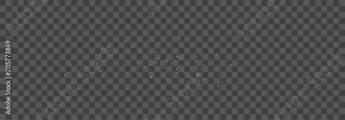 Festive glittering particles with bright golden shine, glowing Christmas dust effect and abstract background, transparent vector element for creative projects.
