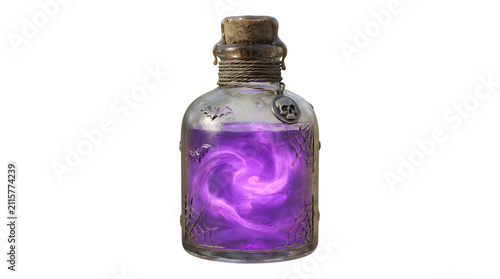 Mysterious purple potion bottle, a magical elixir in a glass vial with a cork stopper. Enchanting fantasy liquid for spellcasting and alchemy concepts.