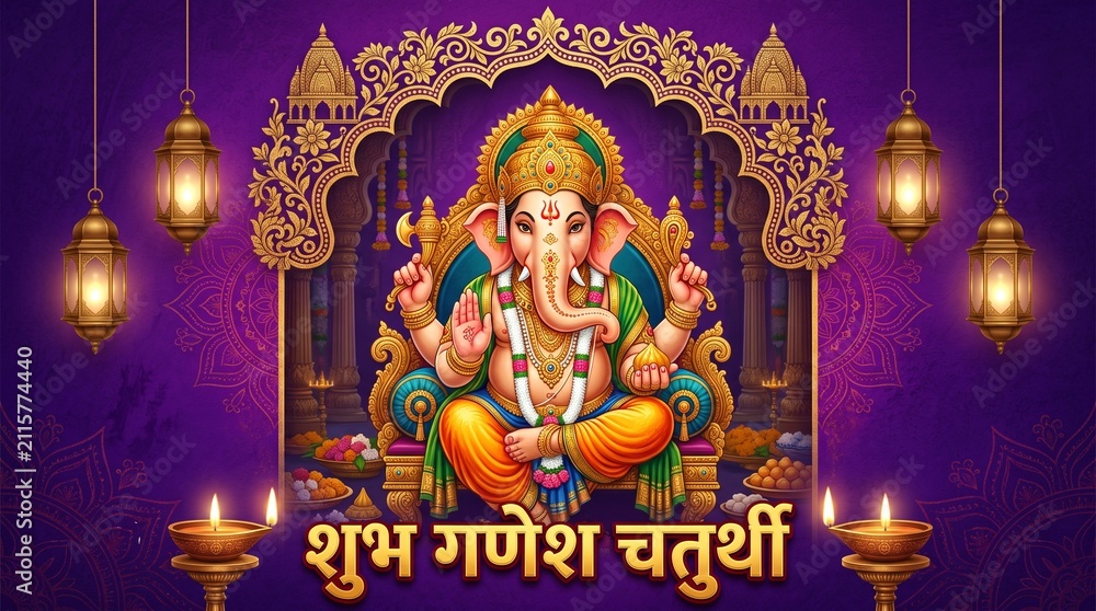 Fototapeta premium Beautiful golden statue of lord ganesha with ornate arch and lanterns for religious celebration