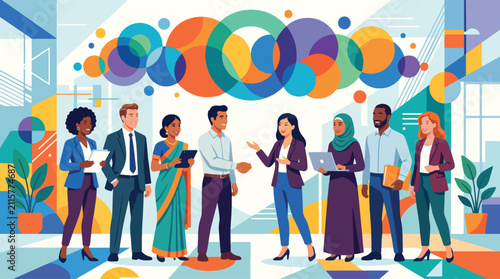 Diverse business team collaboration, professional multi-ethnic group meeting, global corporate workforce, inclusive workplace culture vector illustration