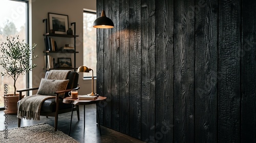 Modern Cozy Living Room with Black Wooden Wall Natural Light Warm Atmosphere