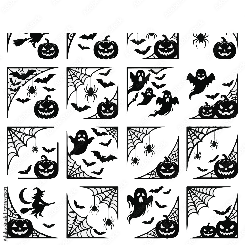 Fototapeta premium Halloween Corner Stickers Featuring Pumpkins Bats Ghosts and Spiders