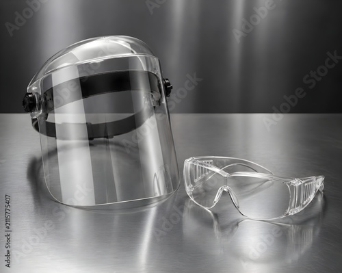 Protective face shield and safety glasses on stainless table highlighting essential workplace protective equipment solutions