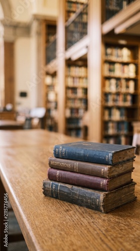 Stack of weathered books on a wooden table. Vintage literature collection in a cozy library setting.