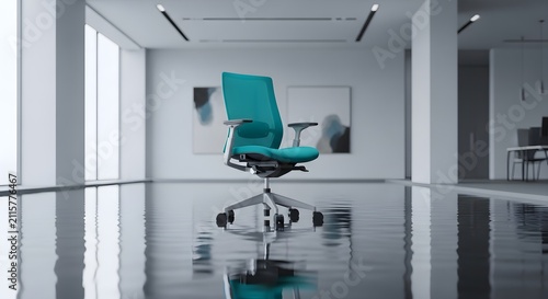 Modern Teal Ergonomic Office Chair Featuring a Sleek Design in a Minimalist Workspace Interior