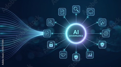 Futuristic AI Governance concept illustration with a glowing central hub connected to technology, security, data, and business icons over a digital background
