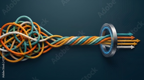 Colorful tangled ropes passing through a glowing metallic ring to transform chaos into organized straight arrows representing business solutions.