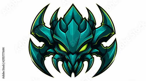 Foto Green Monster Face with Sharp Spikes and Glowing Eyes.
