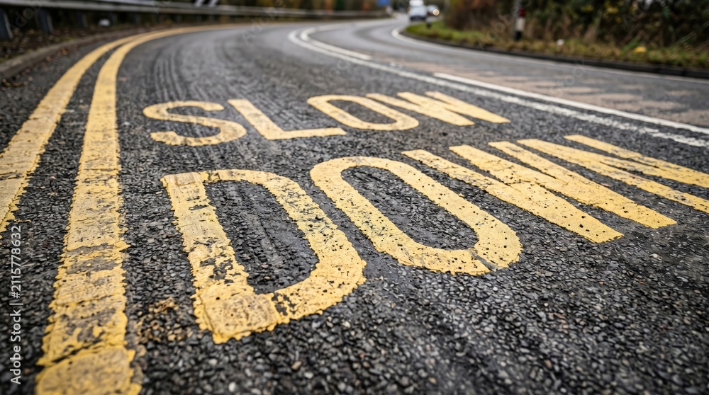 Fototapeta premium Close up view of worn road marking warning drivers to slow with visible wear tear traffic over time painted asphalt instructing perspective faded yellow