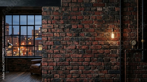 Industrial Interior Brick Wall with Warm Edison Light Bulb and City View Windows