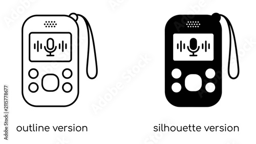 Foto Digital Voice Recorder Icons: A set of clean, modern icons representing a digital voice recorder, available in both outline and silhouette versions, perfect for tech-related designs and interfaces