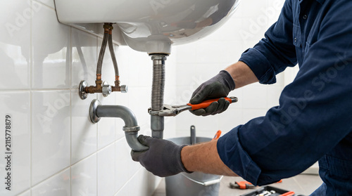 Professional plumber repairing a leaky sink in a modern bathroom, ensuring proper water flow and preventing damage.