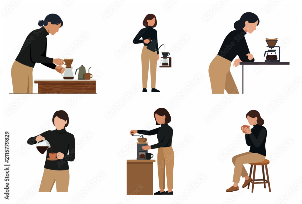 Fototapeta premium Flat vector illustration set of a woman making and drinking coffee using various brewing methods