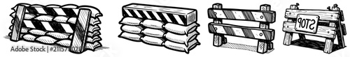 Konstfotografi Security barricades and sandbags set with stop sign engraving style vector illus