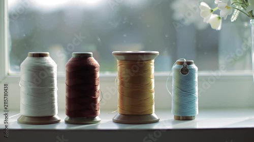 Four colorful spools of sewing thread arranged on a white windowsill in natural daylight