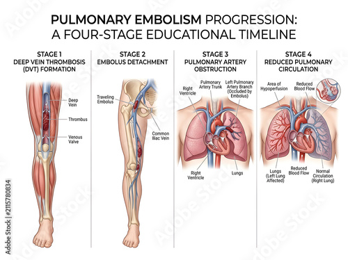 Pulmonary embolism progression medical illustration isolated on white background