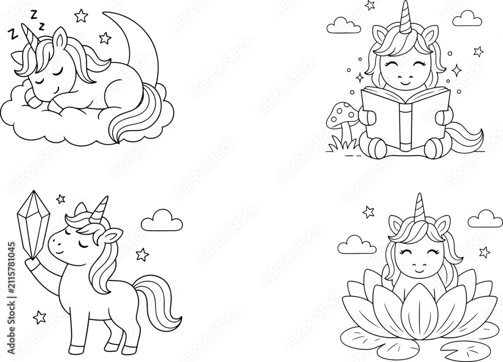 Fototapeta premium Four cartoon unicorns in different scenes, line fantasy