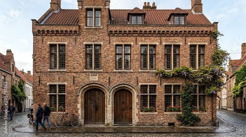 Historic Brick Building with Arched Doors and Flower Boxes in Urban Street Scene