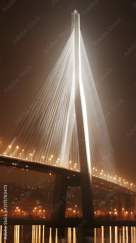 Obraz premium Modern cable-stayed bridge brilliantly illuminated at night, reflecting bright city lights on misty water