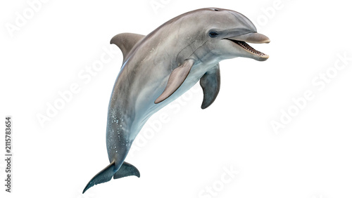 Fotografie Wild grey dolphin jumping out of splashing water isolated on transparent backgro