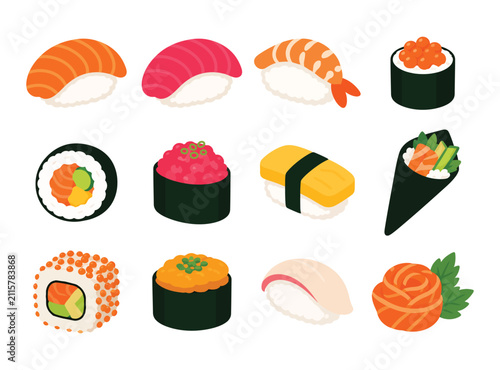 Cute Sushi Collection Flat Vector Illustration Set