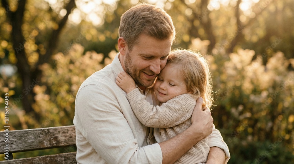 Fototapeta premium Father hugging little girl on park bench in warm sunlight.