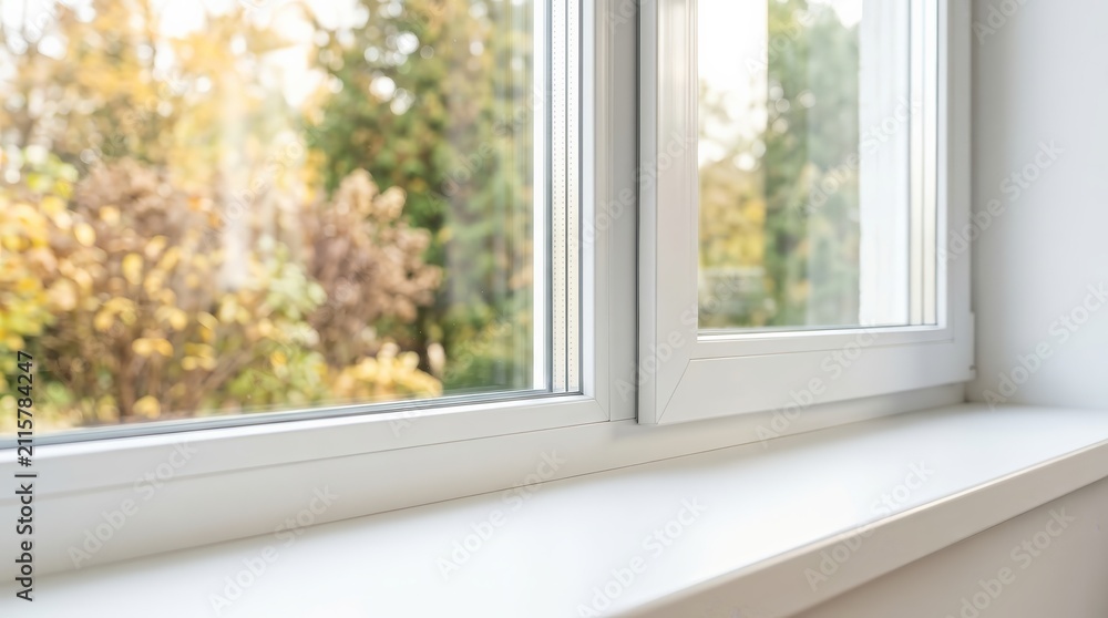 Fototapeta premium A modern double-pane window showcasing energy efficiency and clear views of outdoor trees.