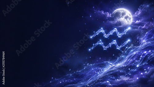 Glowing Aquarius Full Moon and Cosmic Water Background