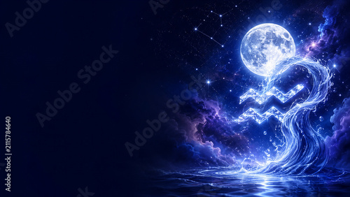 Glowing Aquarius Full Moon and Cosmic Water Background