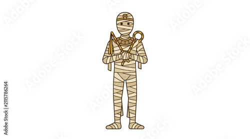 Cuadro en lienzo Cartoon mummy character stands upright, wrapped in bandages and holding an ankh and crook, against a pristine white background, representing ancient Egyptian lore