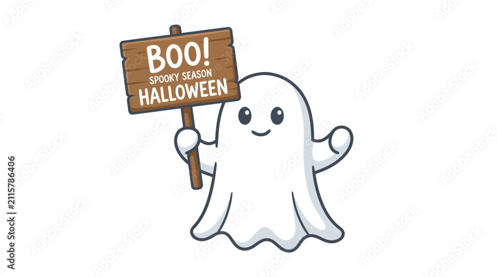 Obraz premium Cute cartoon ghost character holds a 'Boo! Spooky Season Halloween' sign, conveying a friendly and festive spirit for the holiday.