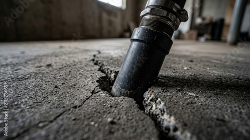 The installation of a soil suction pipe in a cracked concrete floor for radon gas mitigation in a basement.