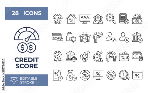 Financial credit score and loan rating line icons set