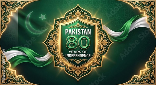 Pakistan 80 Years Independence Day Luxury Green Background with Islamic Ornament Crescent Moon Patriotic Celebration Design