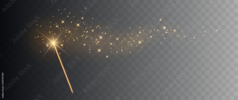 Fototapeta premium Golden Magic Wand with Shining Glitter and Sparkle Trail Isolated on Transparent Background