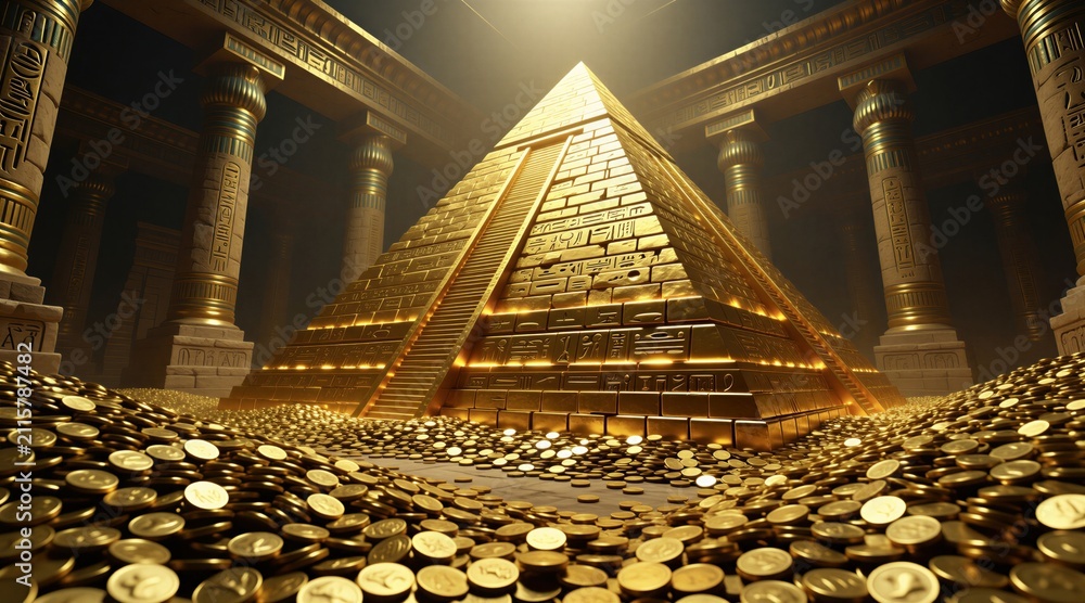 Fototapeta premium Golden pyramid sits inside dark ancient temple hall. Floor covered with massive pile of shiny metal coins. Stone columns stand around royal tomb chamber featuring glowing hieroglyph carvings. Rich