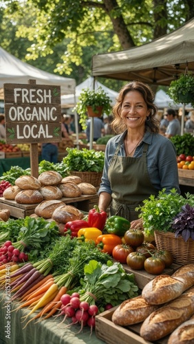 Smiling woman at farmers market displaying fresh organic produce and breads in a vibrant outdoor setting
