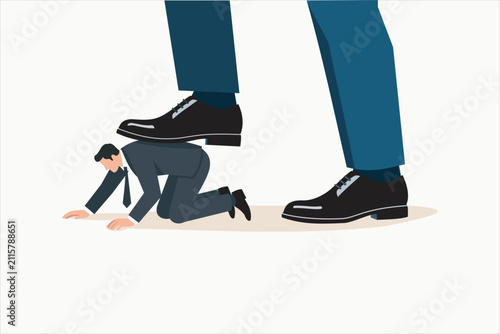 Quadro su tela Business domination concept with giant executive stepping on overwhelmed employee, symbolizing workplace pressure, abuse of power, exploitation, inequality, and toxic leadership