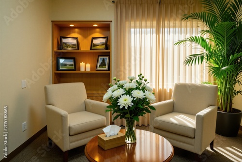 Comfortable waiting room with chairs and white flowers. Interior offers a peaceful atmosphere for family support and funeral planning discussions.