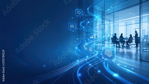 Digital Data Streams with Business Meeting Silhouettes in Office